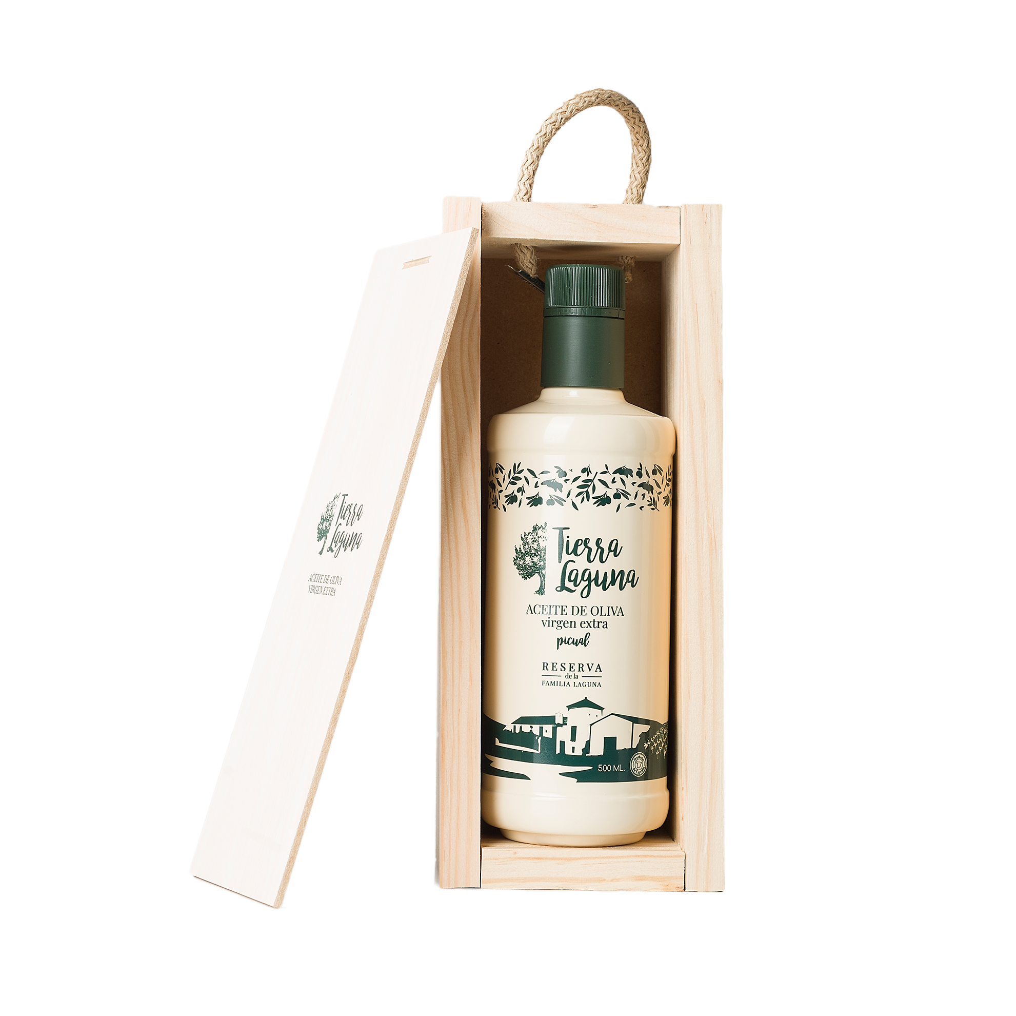 Estuche de madera Tierra Laguna con botella de AOVE Picual de 500 ml.