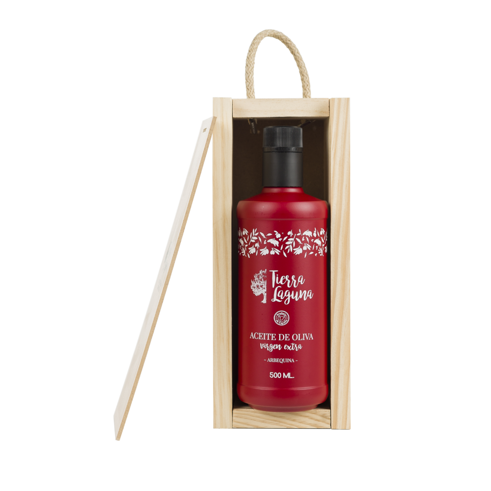 Arbequina en Estuche de Madera – Aceite de Oliva Virgen Extra Picual 500ml. <br> <span class="especificacion">caja 1 ud. (19,95€/ud.)</span>